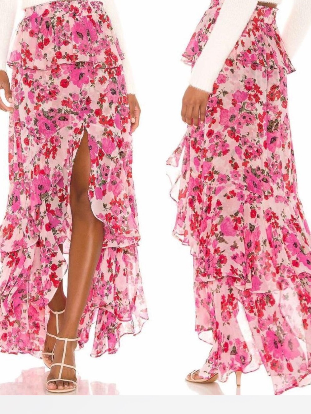 MISA Lucia Pink Poppy Floral Tiered Ruffle Maxi Skirt $298